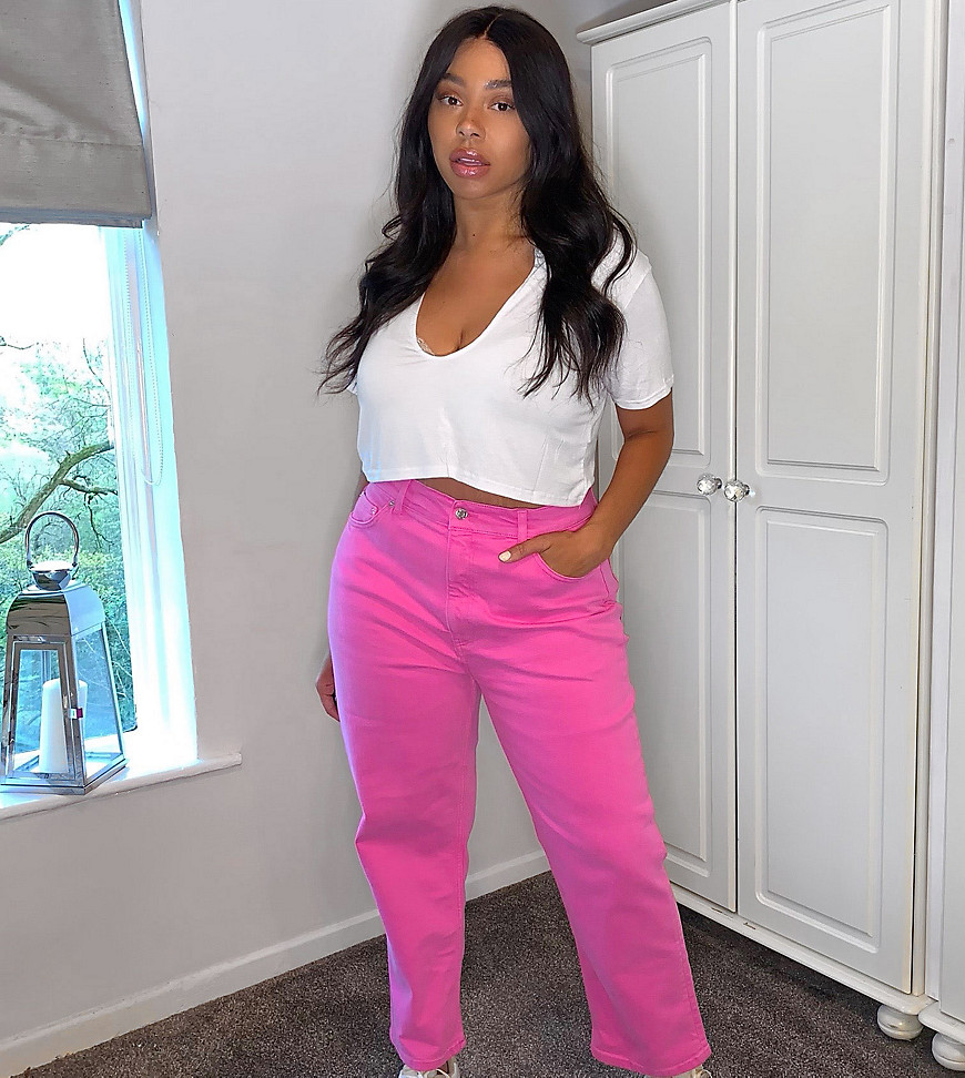 ASOS DESIGN Curve - Jeans met stretch en hoge taille in bubblegum-roze