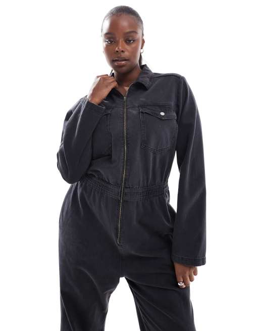 ASOS DESIGN Curve Jeans Overall in verwaschenem Schwarz mit ReiBverschluss und elastischem Taillenbund