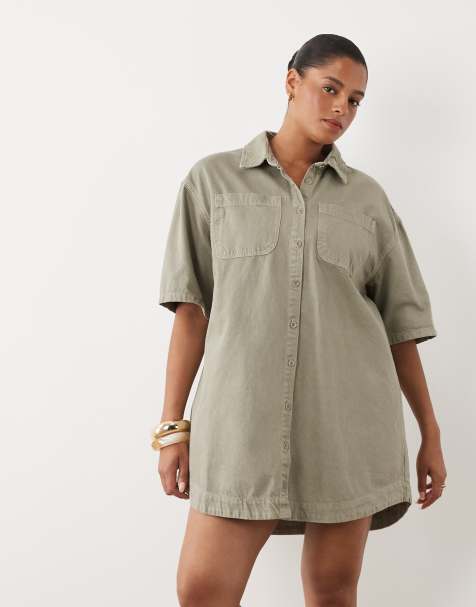 ASOS DESIGN Curve – Jeansowa sukienka koszulowa o pudełkowym kroju w kolorze khaki z kieszeniami - view 1