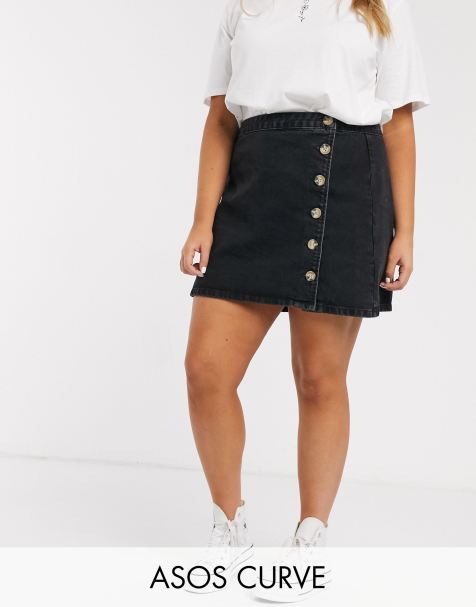 ASOS Design Curve – Jeansrock mit Wickeldesign und Knöpfen an der Seite, in Schwarz