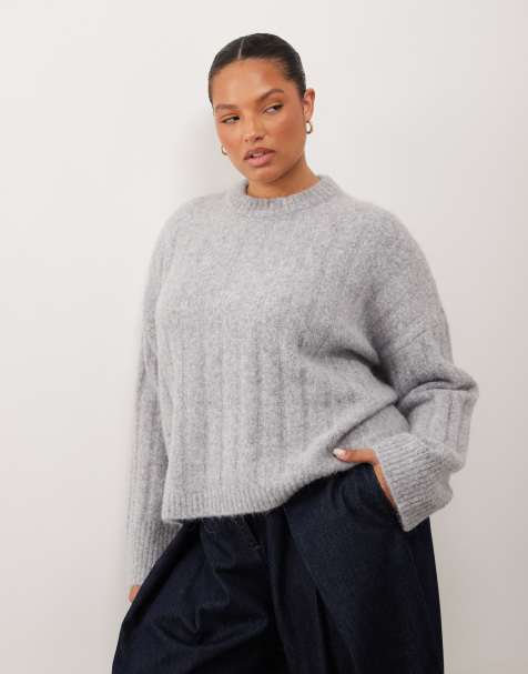 ASOS DESIGN Curve - jersey ancho de canalé grueso y corte boxy con cuello redondo en gris medio - view 1