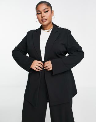 ASOS DESIGN Curve jersey belted suit blazer in black