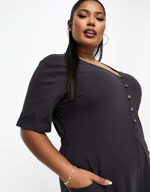 ASOS DESIGN Curve jersey button front chuck on jumpsuit in washed black, 3 of 4