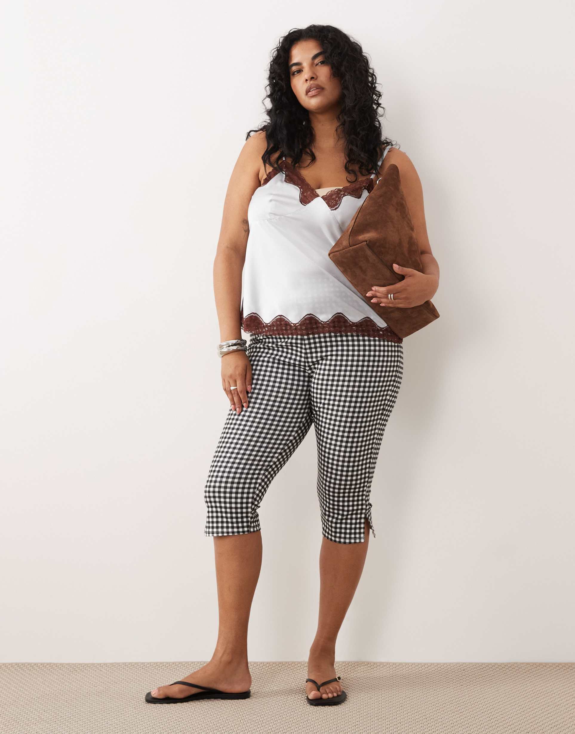 asos design curve jersey capri leggings in mono gingham