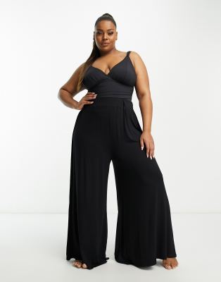 Asos Curve Asos Design Curve Jersey Palazzo Beach Pants In Black