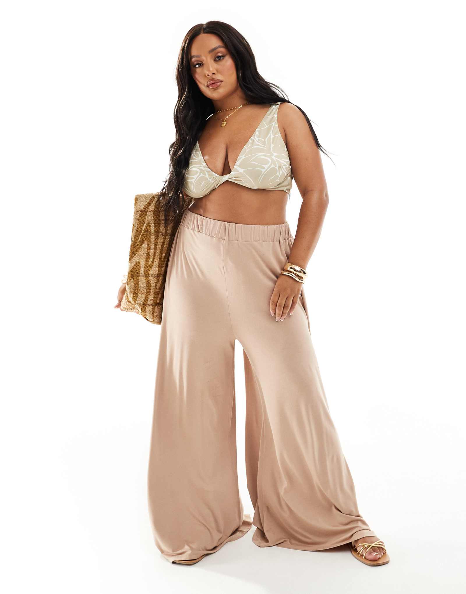 Пляжные брюки палаццо из джерси ASOS DESIGN Curve кремового цвета