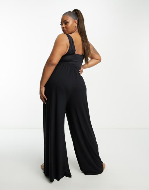 ASOS DESIGN Curve jersey palazzo beach trouser in black