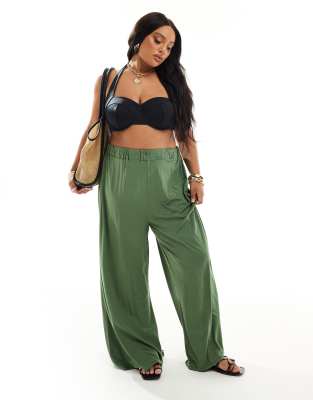 ASOS DESIGN Curve jersey palazzo beach trouser in khaki-Green