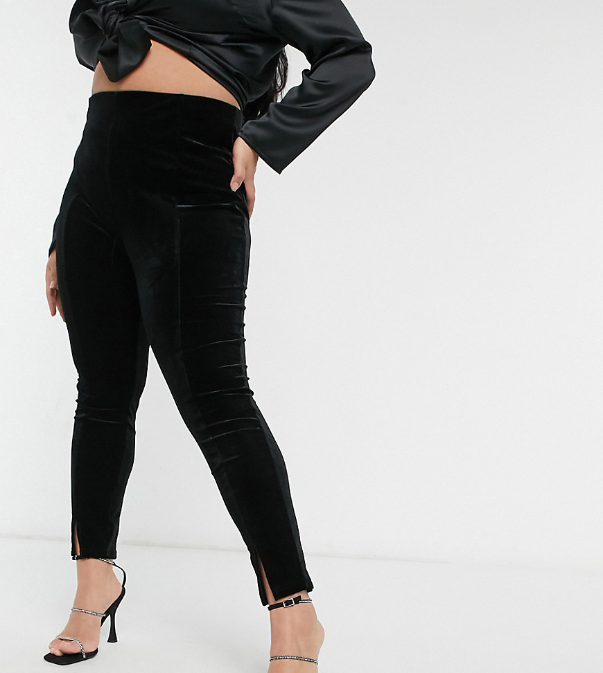 ASOS DESIGN Curve - Jersey pantalon met split aan de voorkant van zwart fluweel