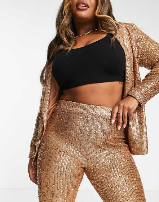 ASOS DESIGN Curve jersey sequin suit kick flare pants in rose gold