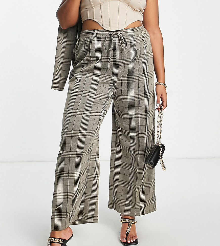ASOS DESIGN Curve jersey slouch wide leg pants in sage check-Green