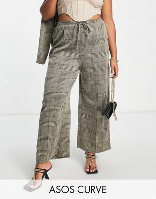 ASOS DESIGN Curve jersey slouch wide leg trouser in sage check