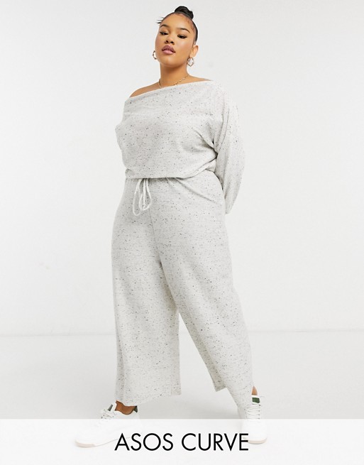 ASOS DESIGN curve jersey slouchy off shoulder jumpsuit in grey rib