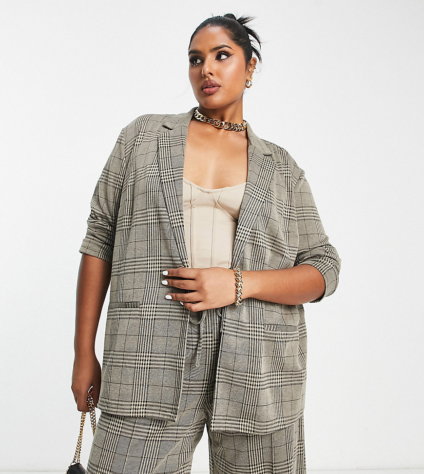 ASOS DESIGN Curve jersey slouchy suit blazer in sage check-Green