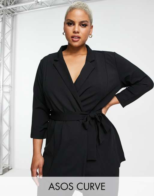 ASOS DESIGN Curve jersey suit blazer with obi tie waist in black