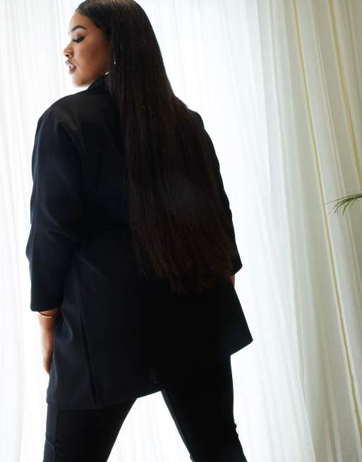 ASOS DESIGN Curve jersey wrap suit blazer in black, 4 of 4