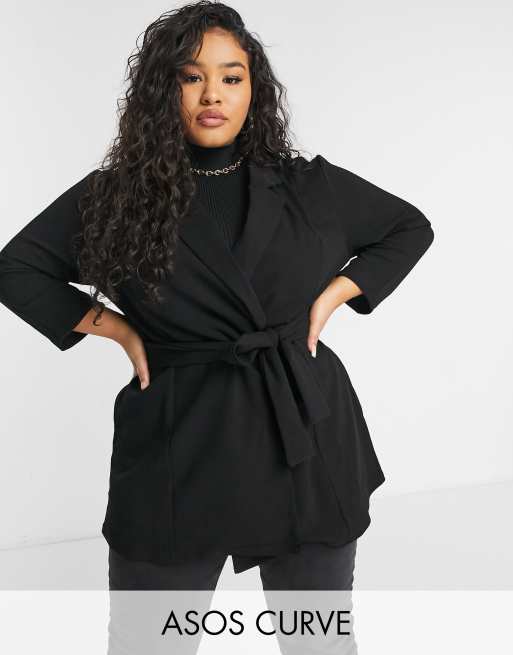 ASOS DESIGN Curve jersey wrap suit blazer in black | ASOS