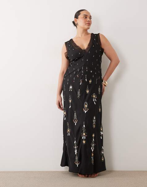 ASOS DESIGN Curve jewel embellished v-neck maxi dress in black - view 1