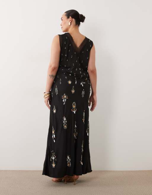 ASOS DESIGN Curve jewel embellished v-neck maxi dress in black, 3 of 4