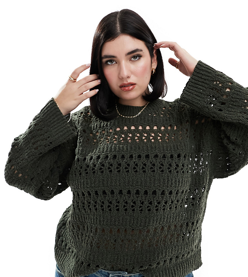 ASOS DESIGN Curve jumper with open stitch in textured yarn in khaki-Green