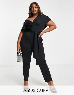 ASOS DESIGN Curve - Jumpsuit aus Neopren in Schwarz mit abfallender Schulterpartie