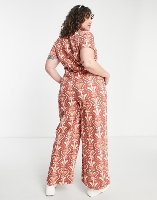 ASOS DESIGN Curve Jumpsuit aus Twill mit Retro Wirbelmuster Kragen und weitem Bein ASOS