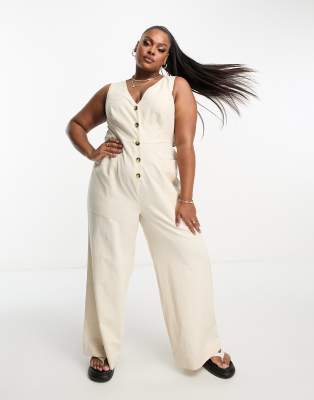 ASOS DESIGN Curve - Jumpsuit in hellbeiger Leinenoptik mit Knopfleiste-Neutral