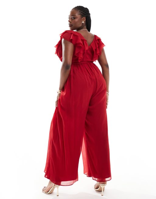 ASOS DESIGN Curve Jumpsuit in Rot mit Ruschen gewickelter Vorderseite und Bindegurtel