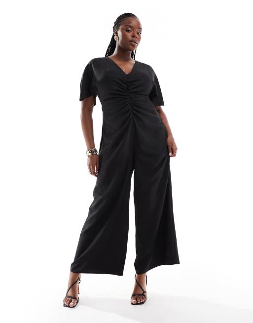 ASOS DESIGN Curve Jumpsuit in Schwarz mit geraffter Vorderseite und Cut Out auf der Ruckseite ASOS