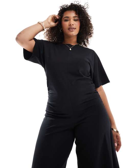 ASOS DESIGN Curve Jumpsuit in Schwarz mit weitem Bein und geraffter Seite ASOS