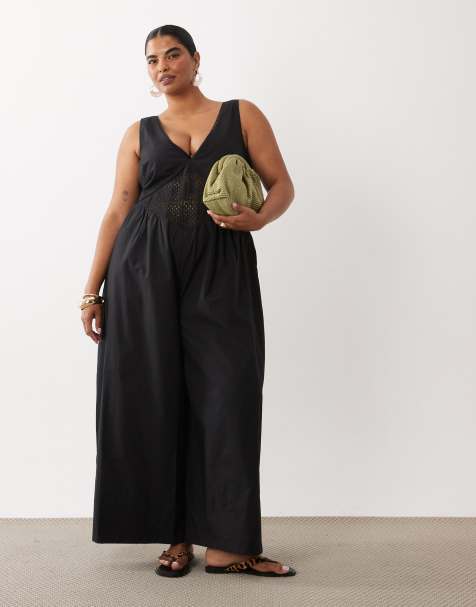ASOS DESIGN Curve jumpsuit med virkad midjepanel i svart - view 1