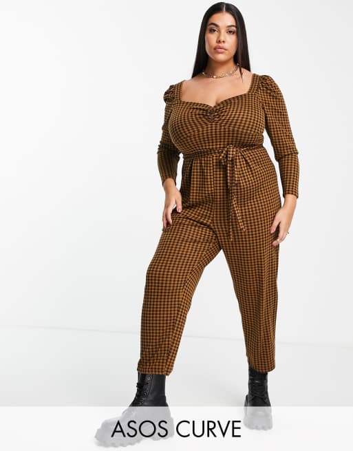 ASOS DESIGN Curve - Jumpsuit met geknoopte voorkant, pofmouwen en skinny pijpen in gingham ruit