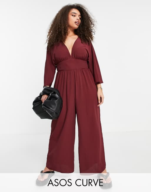 ASOS DESIGN Curve - Jumpsuit met kimonomouwen en culottepijpen in bordeauxrood