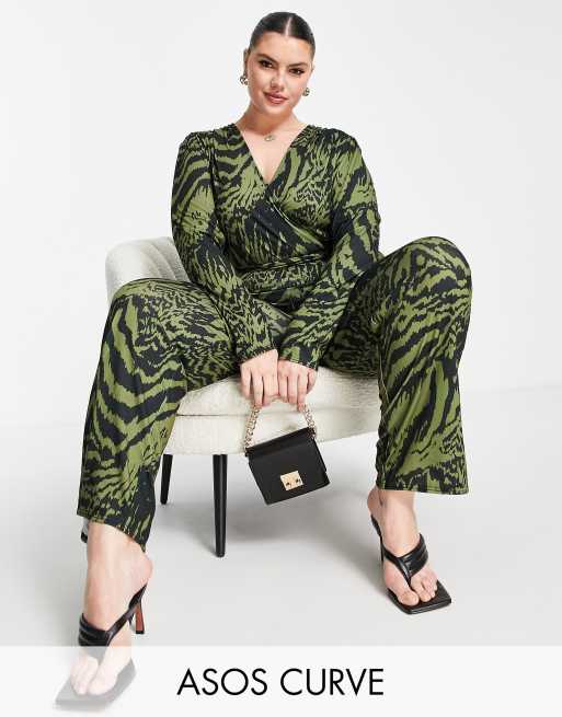 ASOS DESIGN Curve - Jumpsuit met wijde pijpen en dierenprint