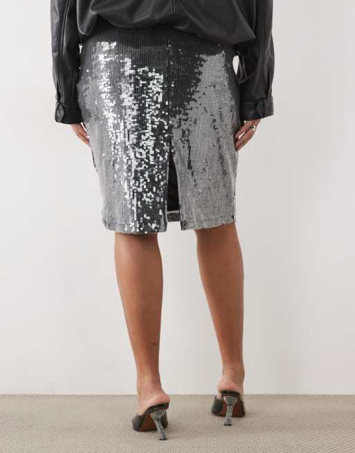 ASOS DESIGN Curve jupe crayon mi-longue à sequins coordonnée gris anthracite, 3 de 5