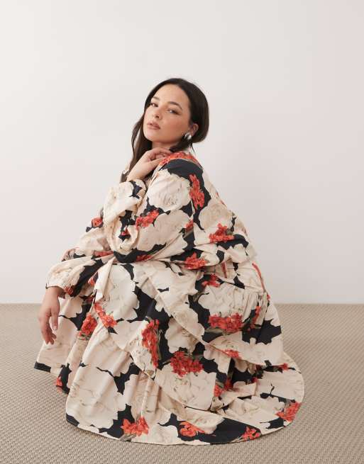 ASOS DESIGN Curve - Jupe d'ensemble longue à imprimé fleuri avec taille basse et volants étagés - Rouge, 2 de 5