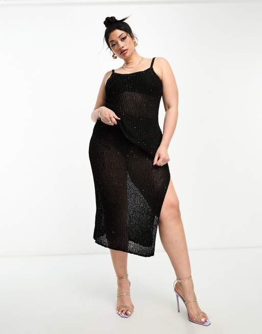 ASOS DESIGN Curve - Jupe d'ensemble mi-longue en maille à sequins - Noir