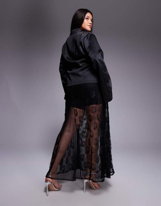 ASOS DESIGN Curve - Jupe longue à godets en dentelle transparente variée - Noir, 4 de 5