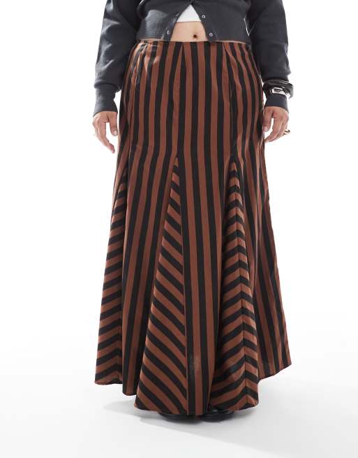 ASOS DESIGN Curve - Jupe longue à godets et rayures variées - Noir et marron, 4 de 5