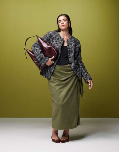 ASOS DESIGN Curve - Jupe portefeuille longue en daim avec détail noué - Kaki - view 1