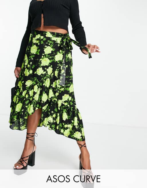 ASOS DESIGN Curve - Jupe portefeuille mi-longue avec ourlet à volants et imprimé floral fluo 