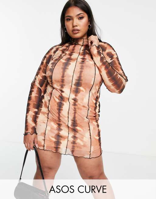 ASOS DESIGN Curve - Jurk van mesh met lange mouwen en zichtbare naden met tie-dye in bruin