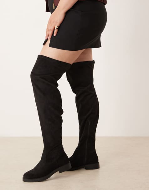 ASOS DESIGN Curve Kacey smart flat over the knee boots in black suedette - view 1