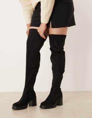 ASOS DESIGN Curve - Kai - Overknee-Stiefel aus schwarzem Wildlederimitat mit Absatz und dicker Sohle
