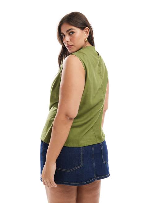 ASOS DESIGN Curve – Kakifärgad, ärmlös topp i linnemix med draperad ringning, 4 av 4