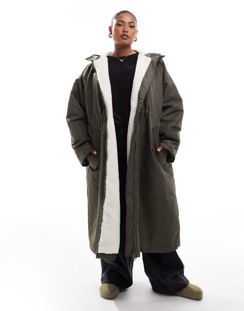 ASOS DESIGN Curve – Kakifärgad, lång regnkappa med teddyfoder - view 1