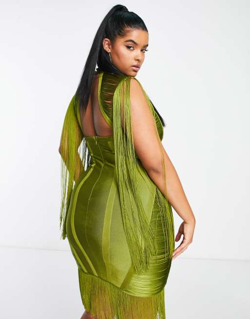 ASOS DESIGN Curve – Kakifärgad miniklänning i bandagemodell med fransar, 2 av 4