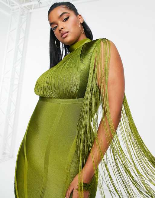 ASOS DESIGN Curve – Kakifärgad miniklänning i bandagemodell med fransar, 4 av 4