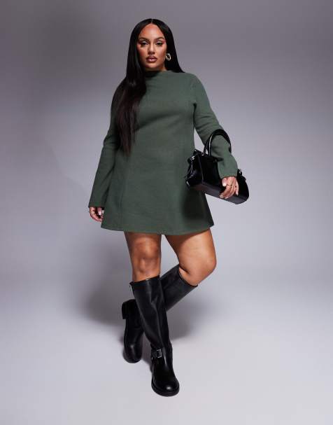 ASOS DESIGN Curve – Kakifärgad, supermjuk miniklänning med utsvängd design och hög krage - view 1