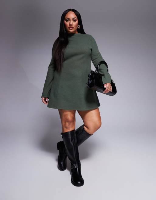 ASOS DESIGN Curve – Kakifärgad, supermjuk miniklänning med utsvängd design och hög krage